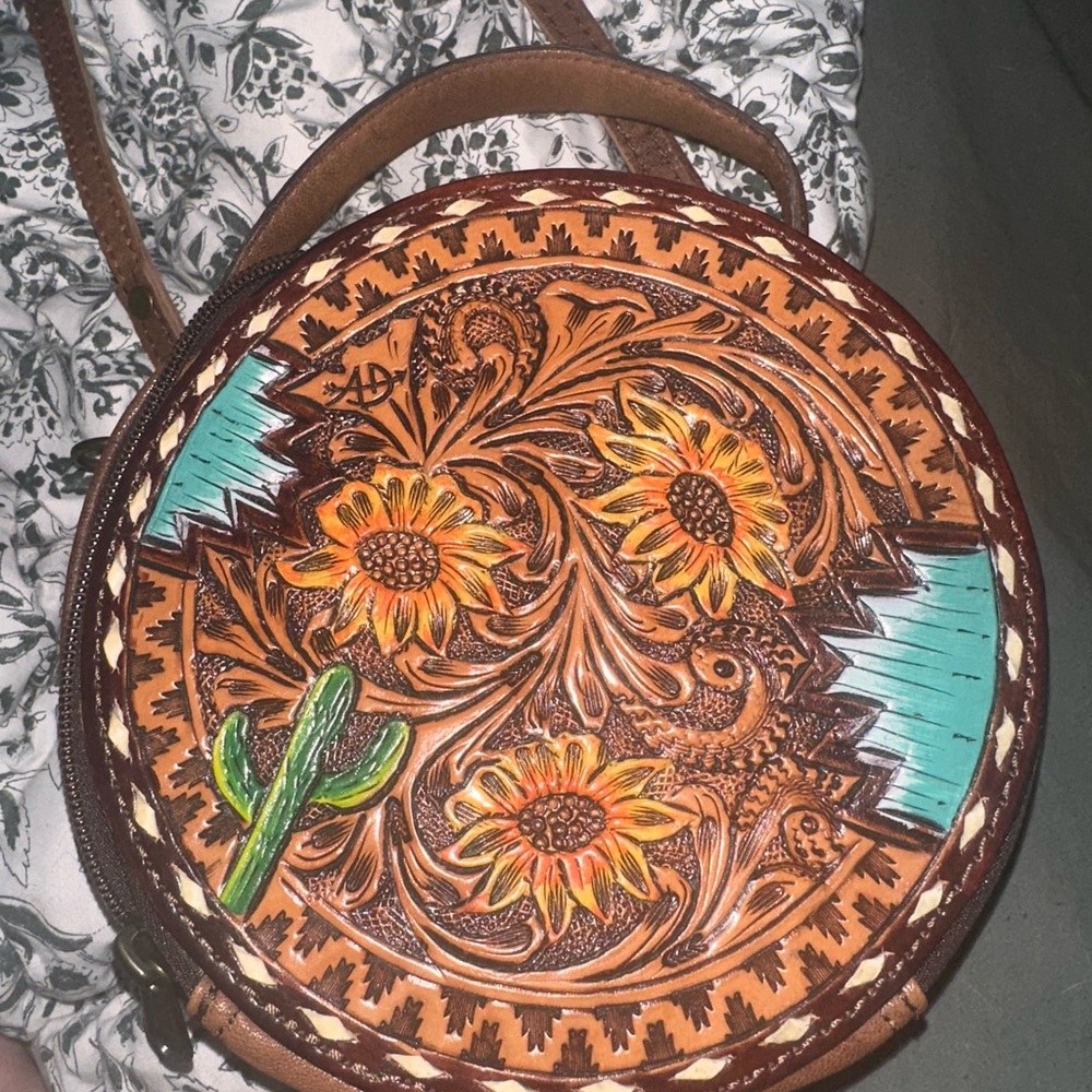 Round Floral Embossed Leather Bag